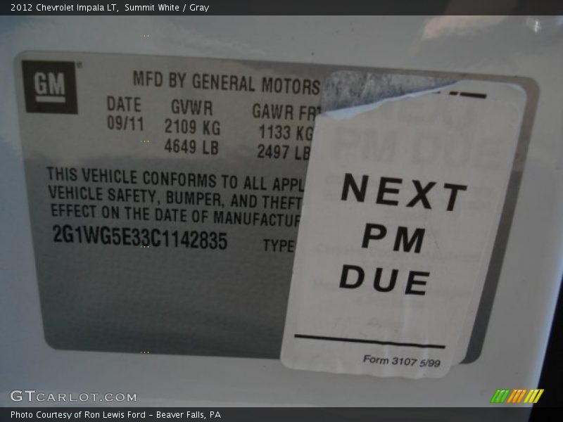 Summit White / Gray 2012 Chevrolet Impala LT