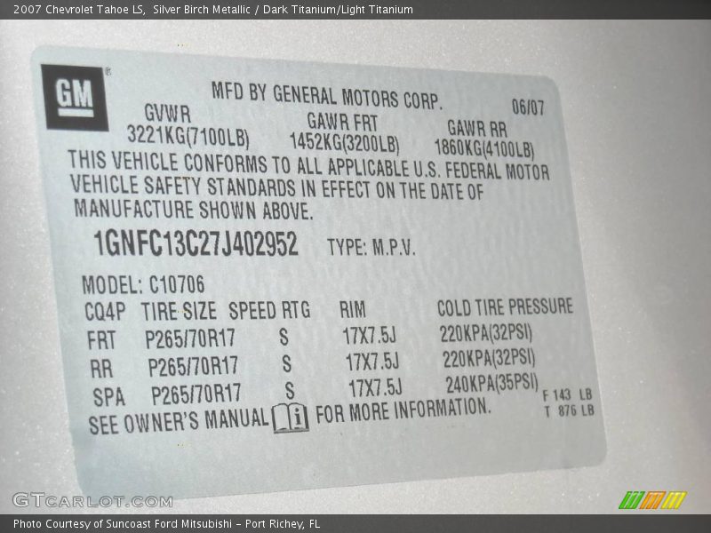 Silver Birch Metallic / Dark Titanium/Light Titanium 2007 Chevrolet Tahoe LS