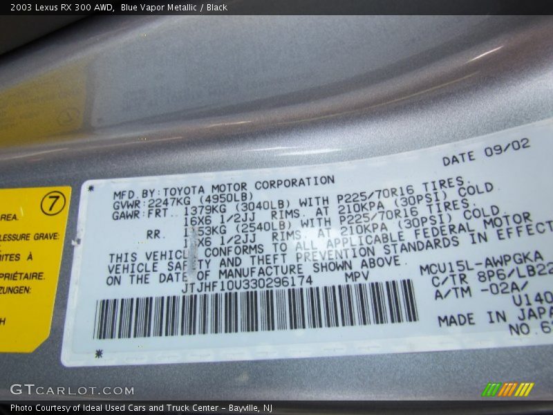 Blue Vapor Metallic / Black 2003 Lexus RX 300 AWD