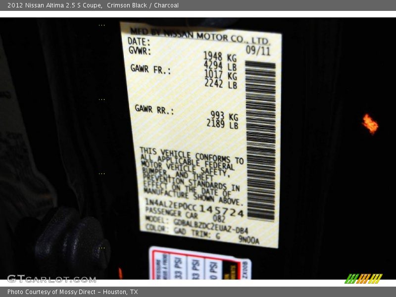 2012 Altima 2.5 S Coupe Crimson Black Color Code GAD