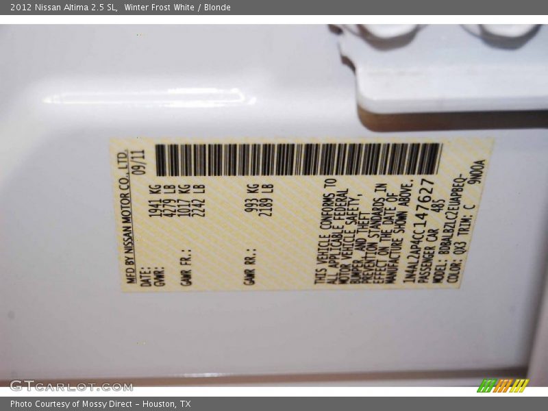 Winter Frost White / Blonde 2012 Nissan Altima 2.5 SL