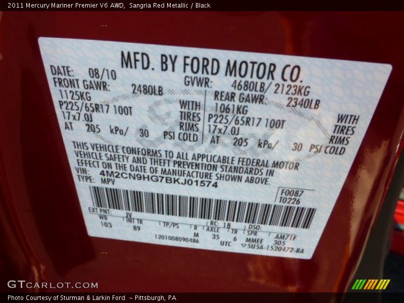 Sangria Red Metallic / Black 2011 Mercury Mariner Premier V6 AWD