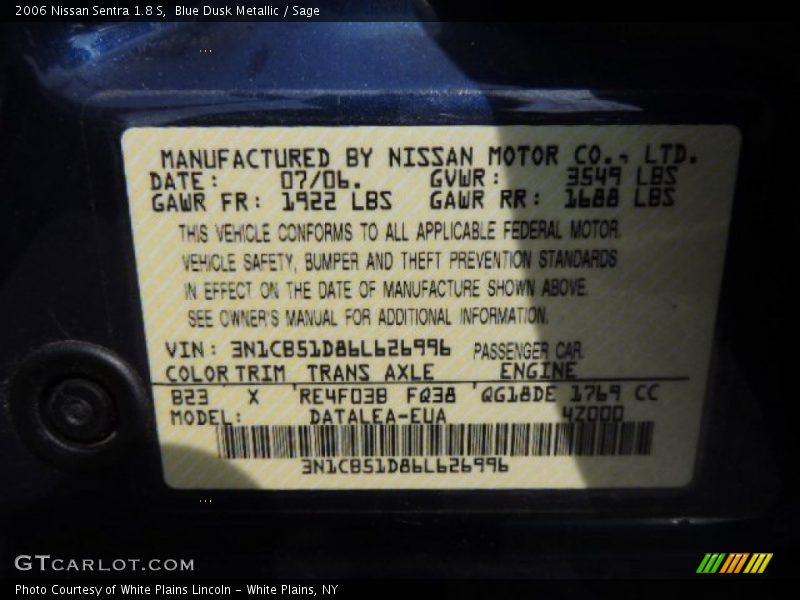 2006 Sentra 1.8 S Blue Dusk Metallic Color Code B23