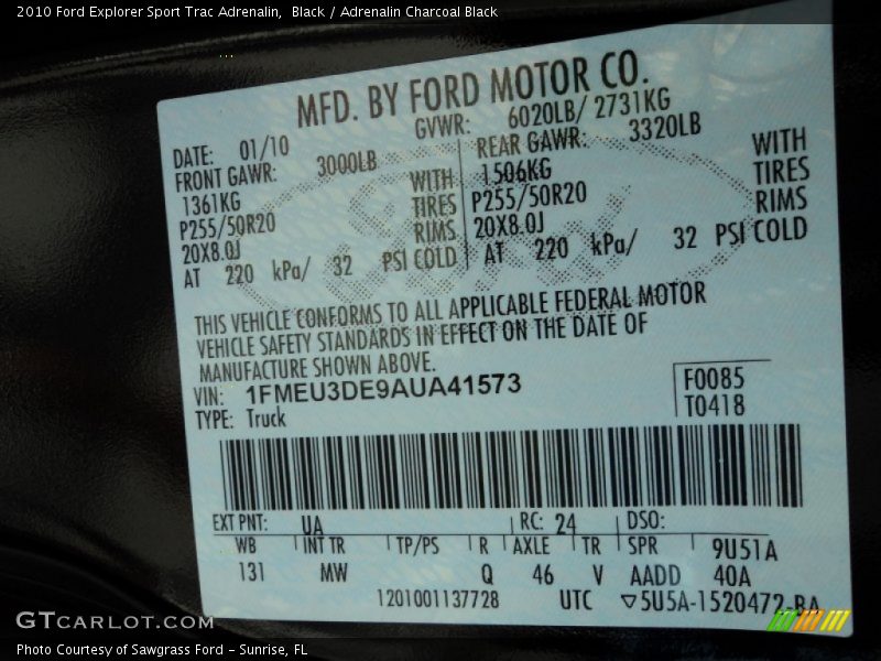 2010 Explorer Sport Trac Adrenalin Black Color Code UA
