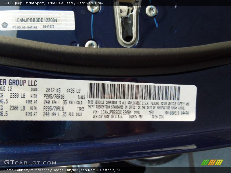 2013 Patriot Sport True Blue Pearl Color Code PBU