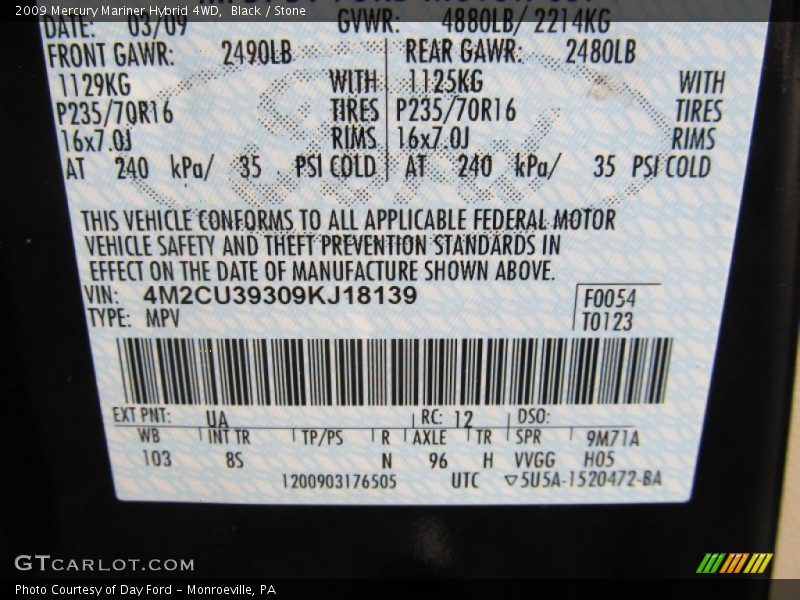 2009 Mariner Hybrid 4WD Black Color Code UA