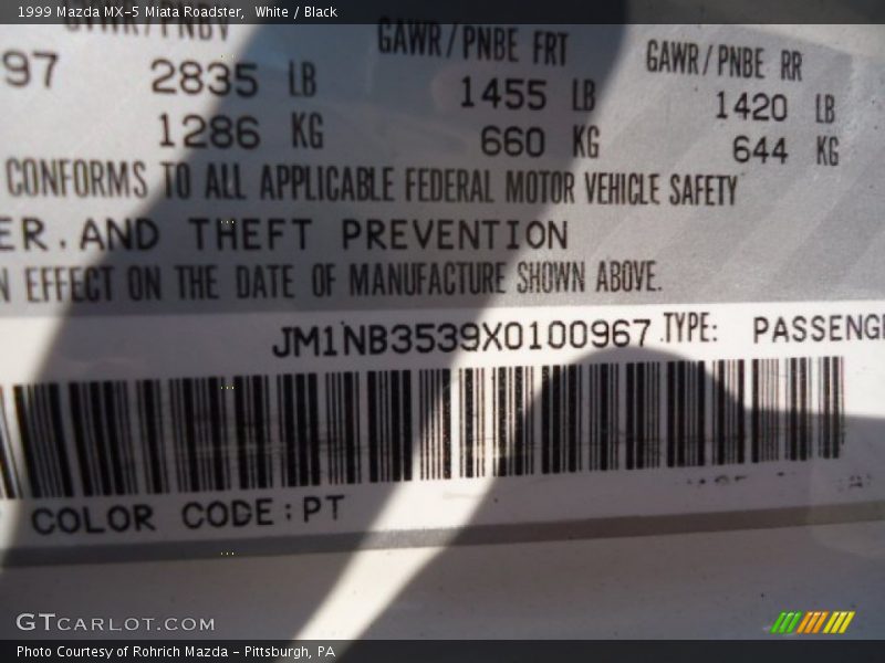 1999 MX-5 Miata Roadster White Color Code PT