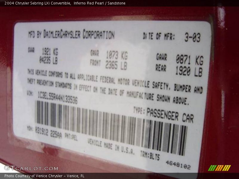 Inferno Red Pearl / Sandstone 2004 Chrysler Sebring LXi Convertible