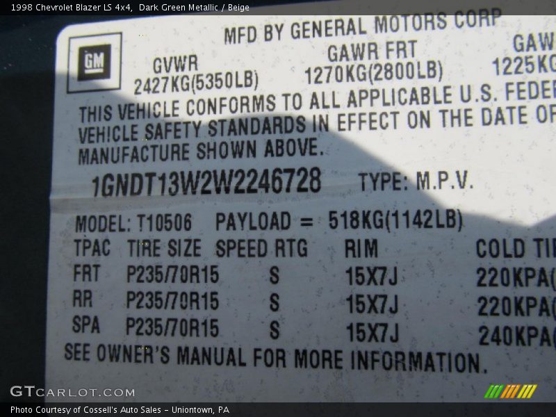 Dark Green Metallic / Beige 1998 Chevrolet Blazer LS 4x4