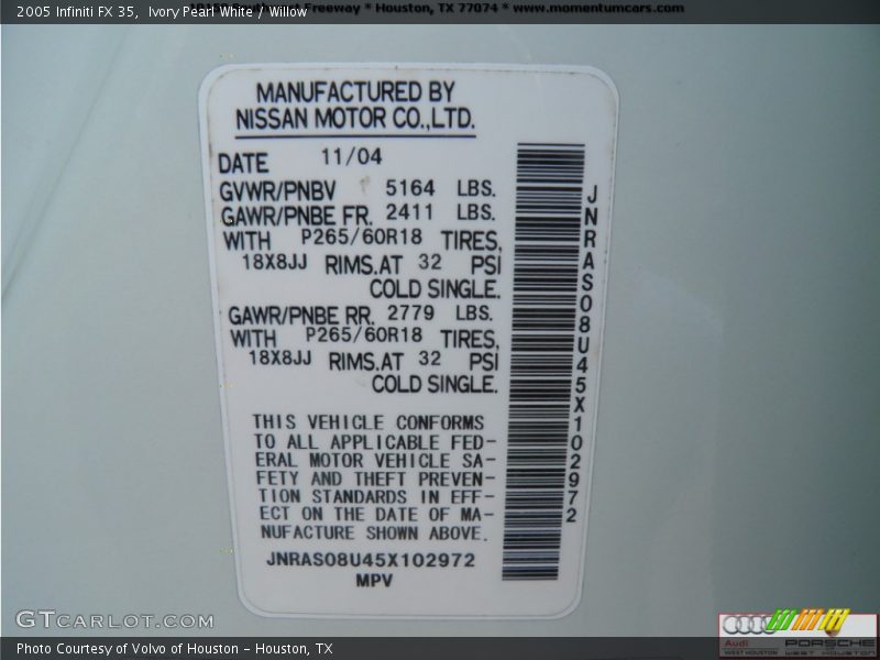 Ivory Pearl White / Willow 2005 Infiniti FX 35