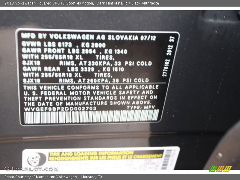 Dark Flint Metallic / Black Anthracite 2013 Volkswagen Touareg VR6 FSI Sport 4XMotion