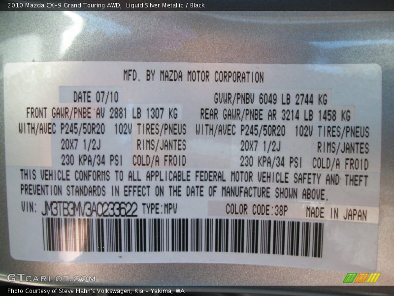 2010 CX-9 Grand Touring AWD Liquid Silver Metallic Color Code 38P