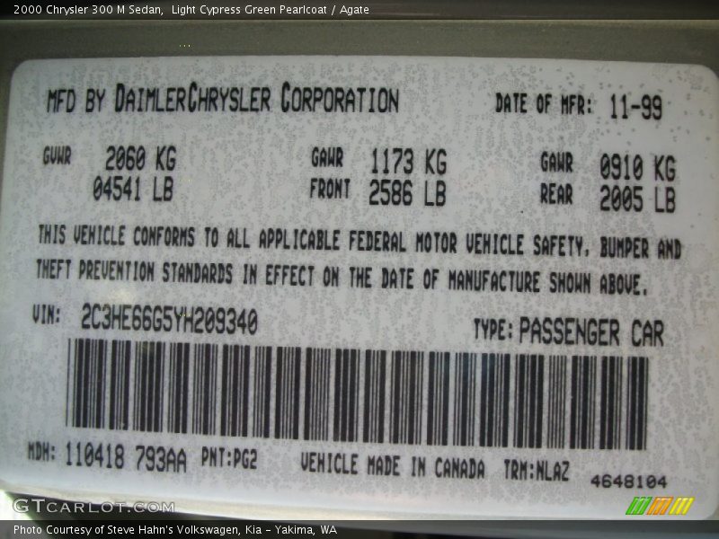 2000 300 M Sedan Light Cypress Green Pearlcoat Color Code PG2