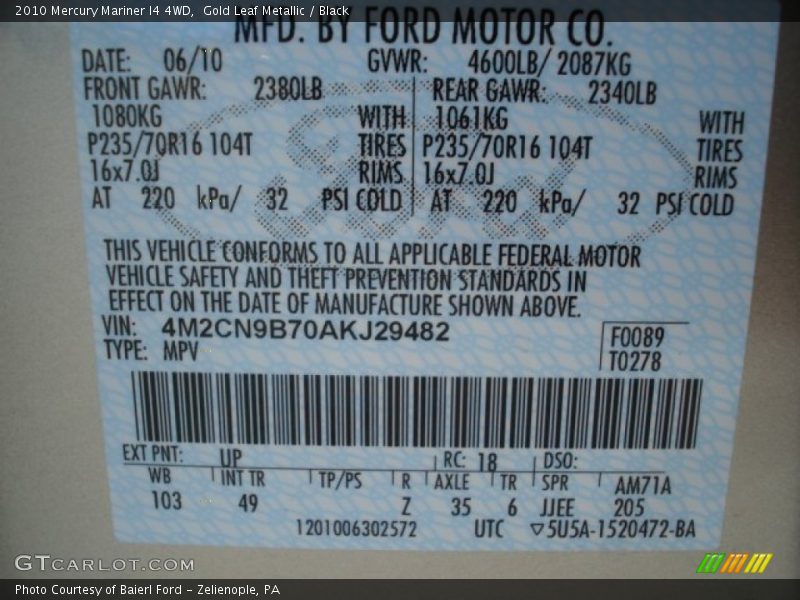 Gold Leaf Metallic / Black 2010 Mercury Mariner I4 4WD