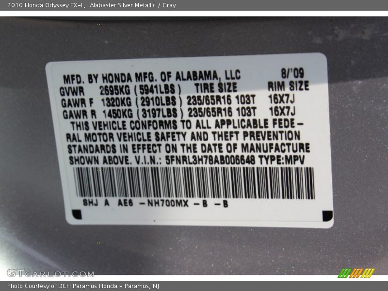 Alabaster Silver Metallic / Gray 2010 Honda Odyssey EX-L