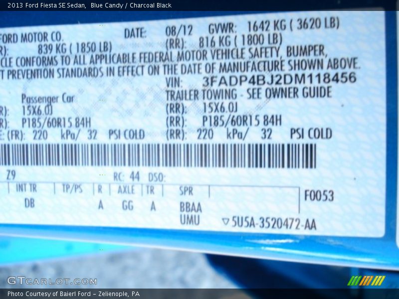 2013 Fiesta SE Sedan Blue Candy Color Code Z9