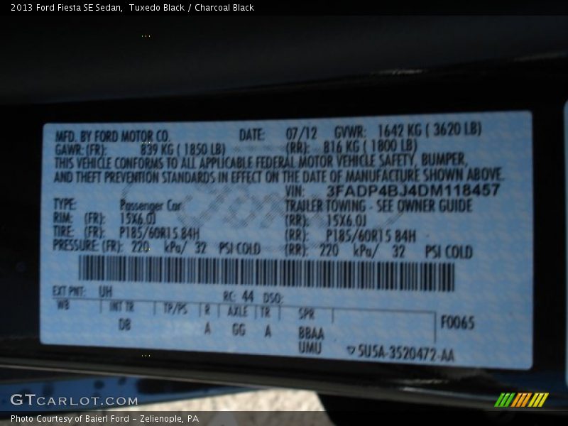 2013 Fiesta SE Sedan Tuxedo Black Color Code UH