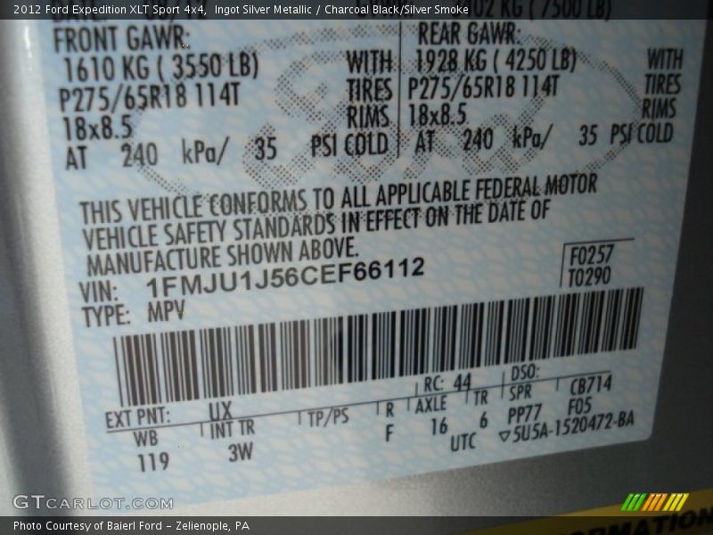 Ingot Silver Metallic / Charcoal Black/Silver Smoke 2012 Ford Expedition XLT Sport 4x4