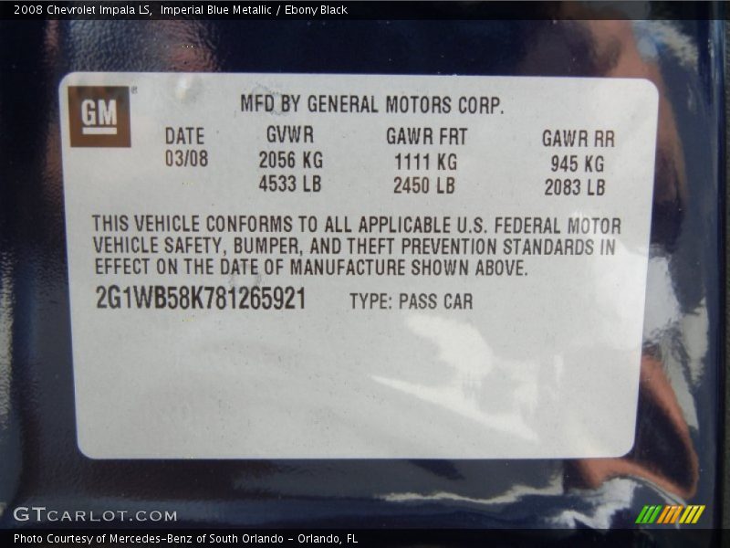 Imperial Blue Metallic / Ebony Black 2008 Chevrolet Impala LS