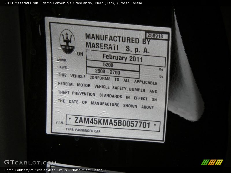 Info Tag of 2011 GranTurismo Convertible GranCabrio