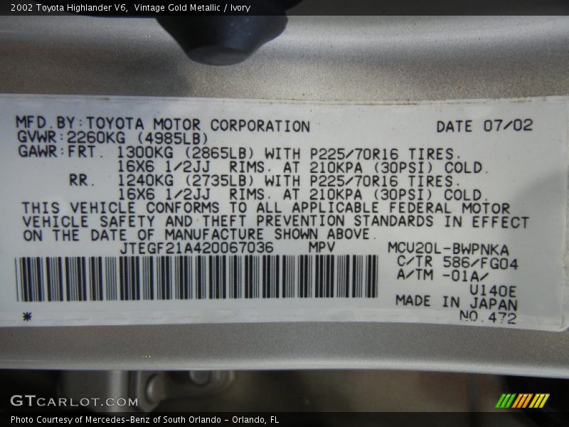 Vintage Gold Metallic / Ivory 2002 Toyota Highlander V6