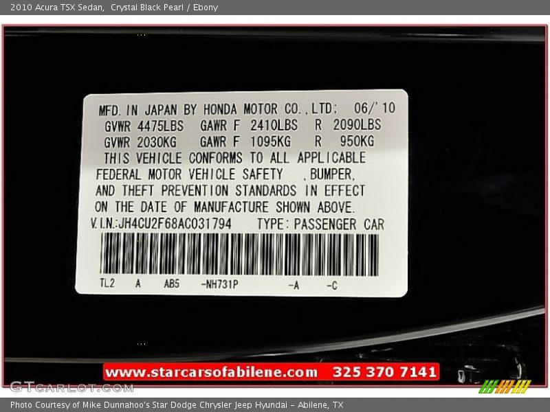 Crystal Black Pearl / Ebony 2010 Acura TSX Sedan