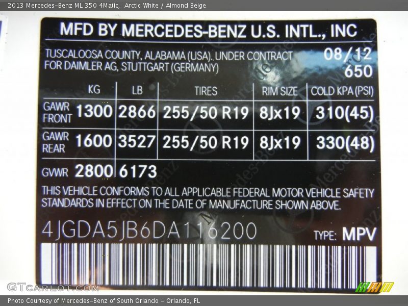 2013 ML 350 4Matic Arctic White Color Code 650