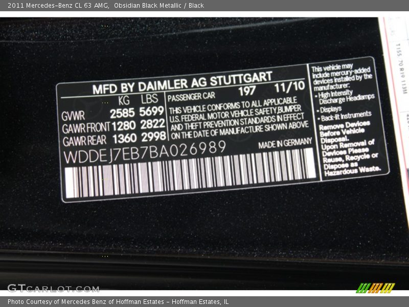 Obsidian Black Metallic / Black 2011 Mercedes-Benz CL 63 AMG