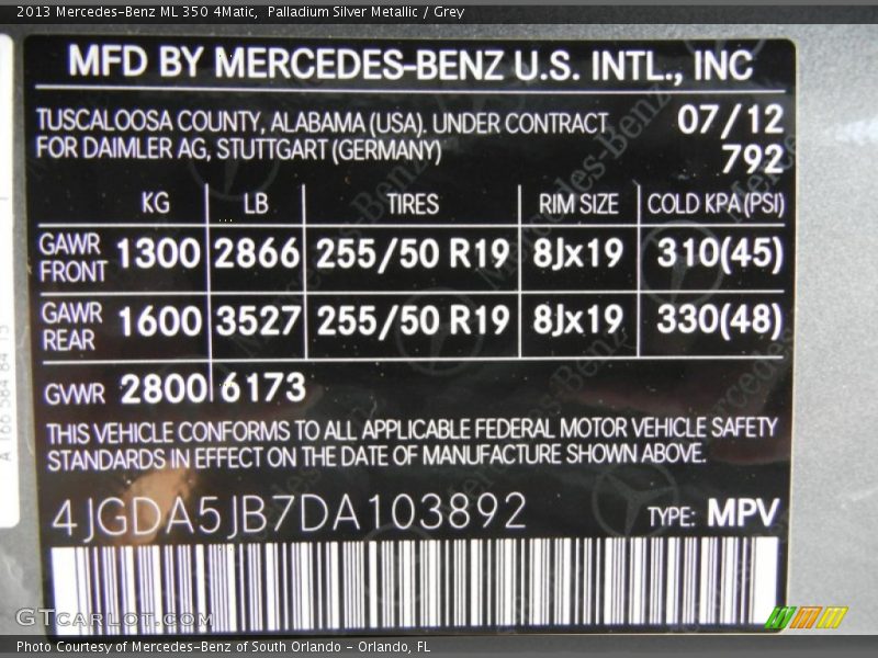 2013 ML 350 4Matic Palladium Silver Metallic Color Code 792