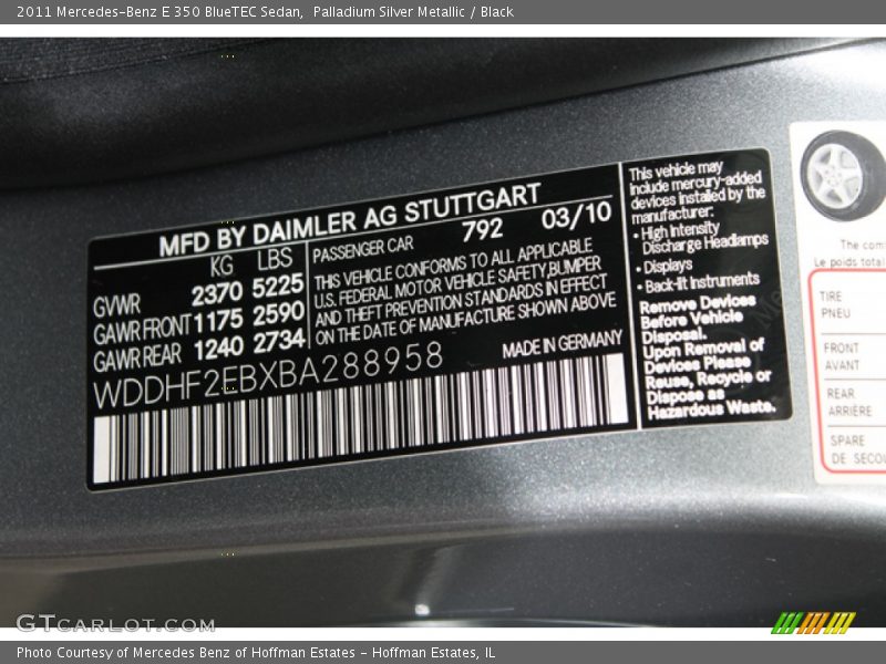 2011 E 350 BlueTEC Sedan Palladium Silver Metallic Color Code 792
