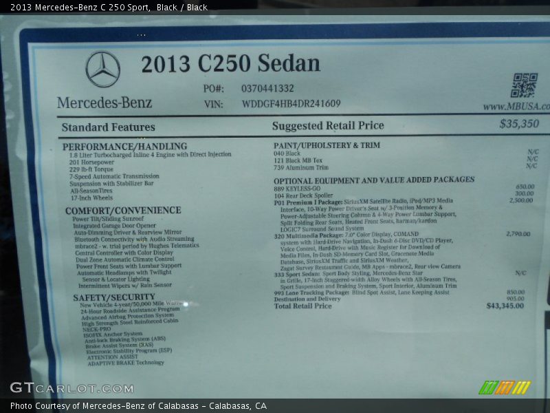  2013 C 250 Sport Window Sticker