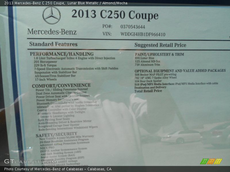 Lunar Blue Metallic / Almond/Mocha 2013 Mercedes-Benz C 250 Coupe