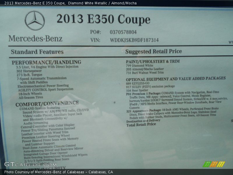  2013 E 350 Coupe Window Sticker