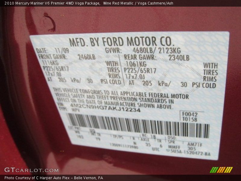 2010 Mariner V6 Premier 4WD Voga Package Wine Red Metallic Color Code UQ