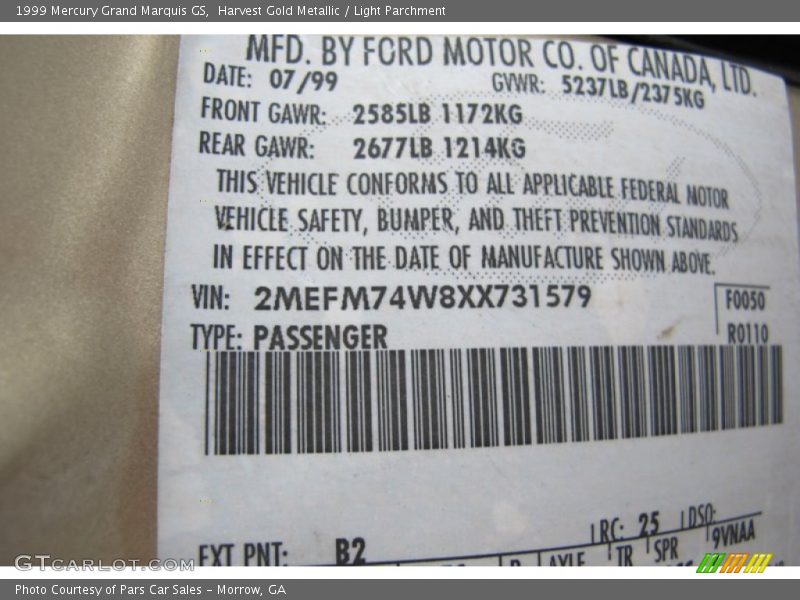 Harvest Gold Metallic / Light Parchment 1999 Mercury Grand Marquis GS