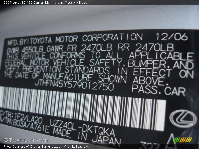 2007 SC 430 Convertible Mercury Metallic Color Code 1F2