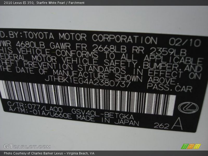2010 ES 350 Starfire White Pearl Color Code 077