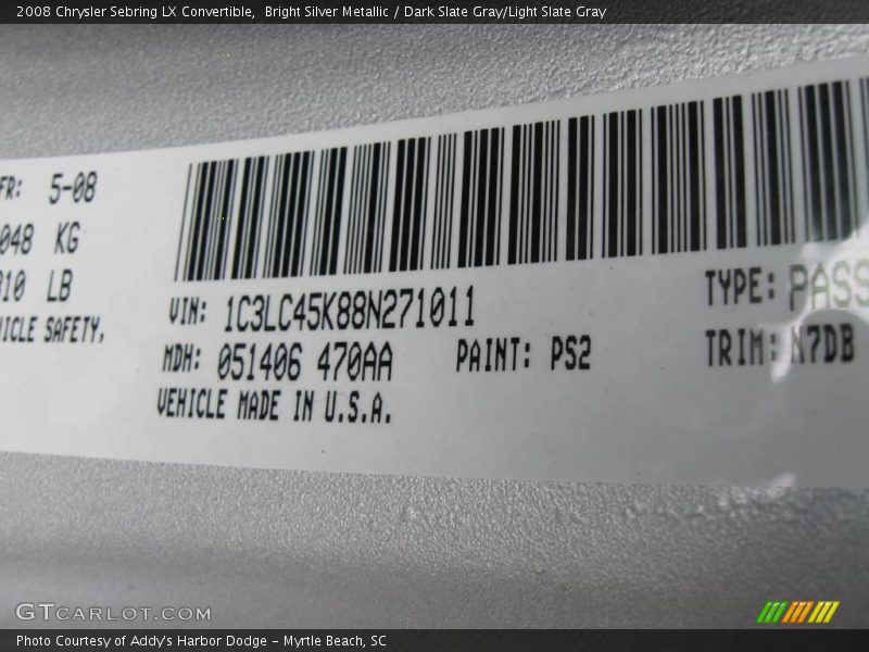 Bright Silver Metallic / Dark Slate Gray/Light Slate Gray 2008 Chrysler Sebring LX Convertible
