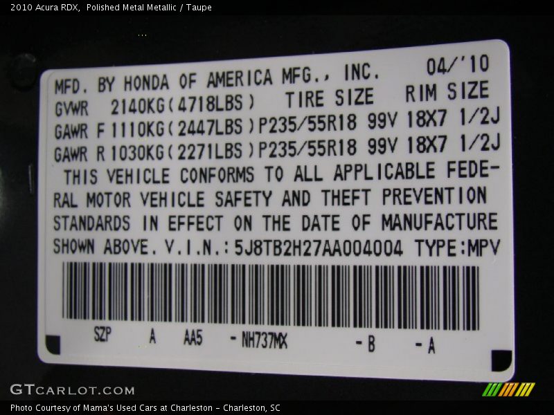 Polished Metal Metallic / Taupe 2010 Acura RDX