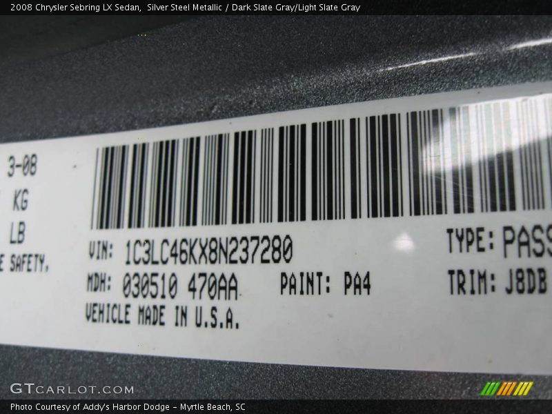 Silver Steel Metallic / Dark Slate Gray/Light Slate Gray 2008 Chrysler Sebring LX Sedan