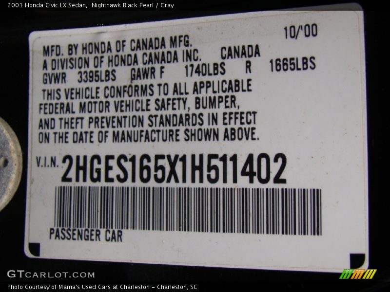Nighthawk Black Pearl / Gray 2001 Honda Civic LX Sedan