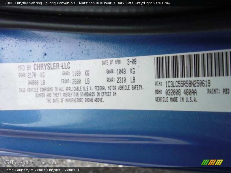 Marathon Blue Pearl / Dark Slate Gray/Light Slate Gray 2008 Chrysler Sebring Touring Convertible
