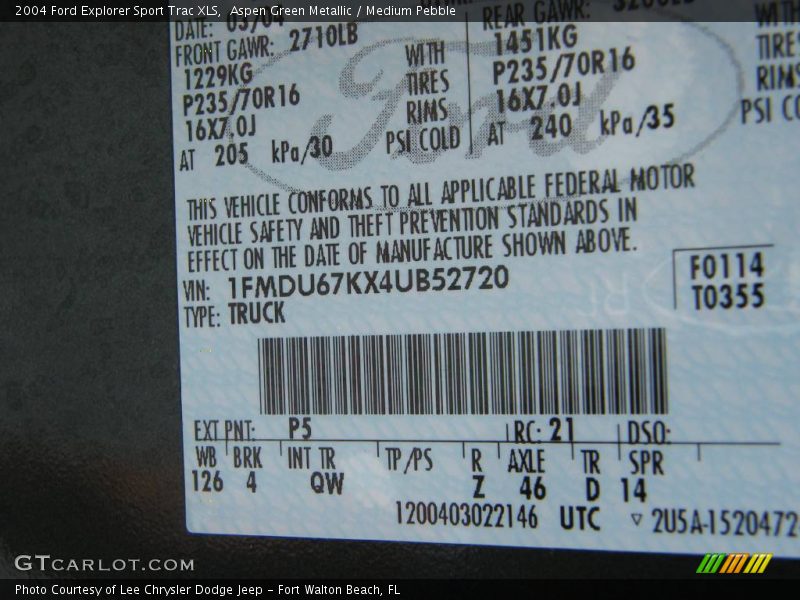2004 Explorer Sport Trac XLS Aspen Green Metallic Color Code P5