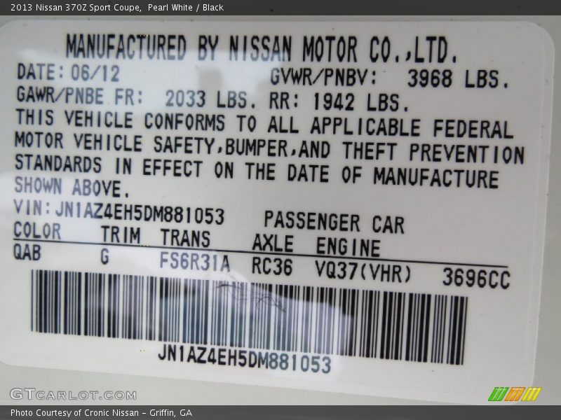 2013 370Z Sport Coupe Pearl White Color Code QAB