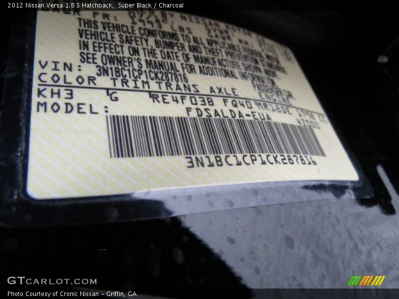 Super Black / Charcoal 2012 Nissan Versa 1.8 S Hatchback