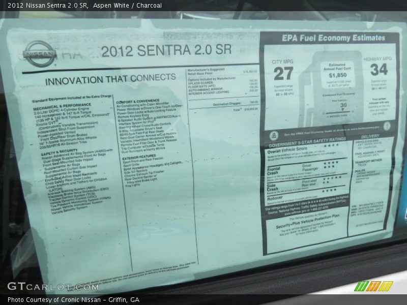  2012 Sentra 2.0 SR Window Sticker