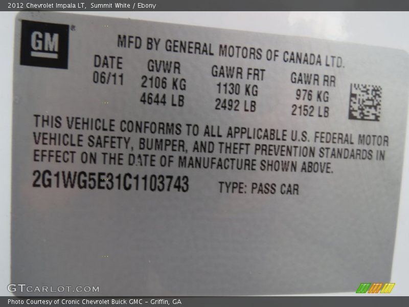 Summit White / Ebony 2012 Chevrolet Impala LT
