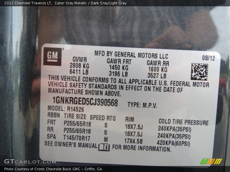 Cyber Gray Metallic / Dark Gray/Light Gray 2012 Chevrolet Traverse LT