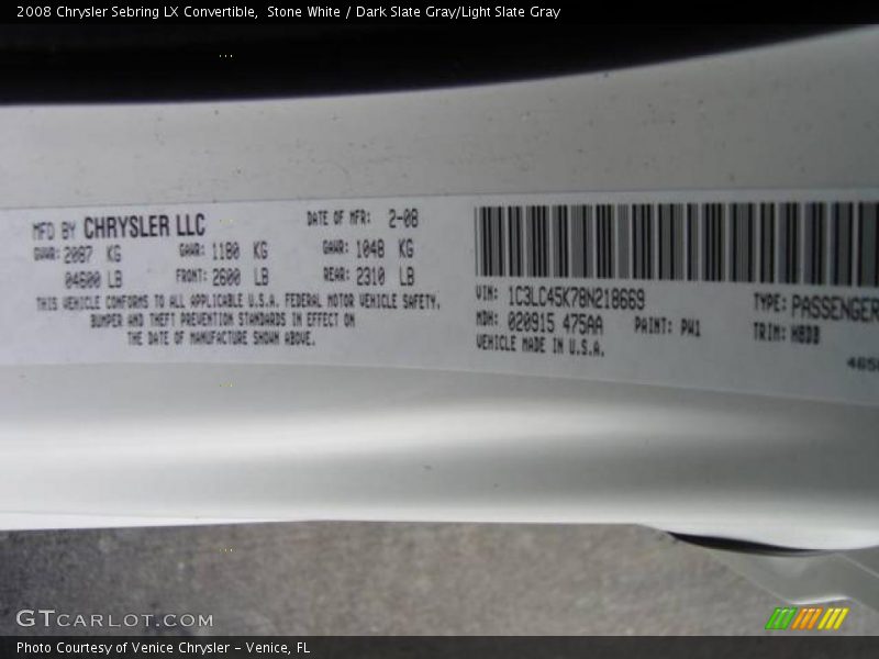 Stone White / Dark Slate Gray/Light Slate Gray 2008 Chrysler Sebring LX Convertible