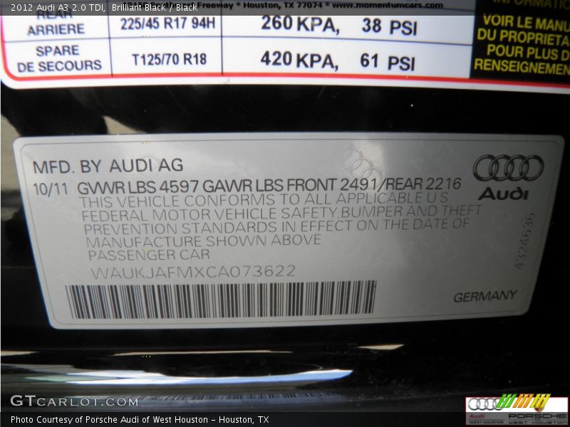 Brilliant Black / Black 2012 Audi A3 2.0 TDI